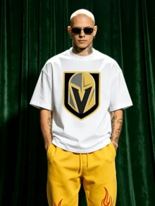 Men's Summer Casual Soft Round Neck Short Sleeve-Shirt,Golden Shield Badge Print Graphic Is Suitable Daily Wear. - White - View 4
