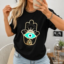 Women's Black T-Shirt With Fatima Hamsa Hand Print, Gold Turkish Eye, Boho Spiritual Bohemian Style, Short Sleeve, Round Neck, Casual For Everyday Wear, Gift And Festival - 黑色 - 查看 8