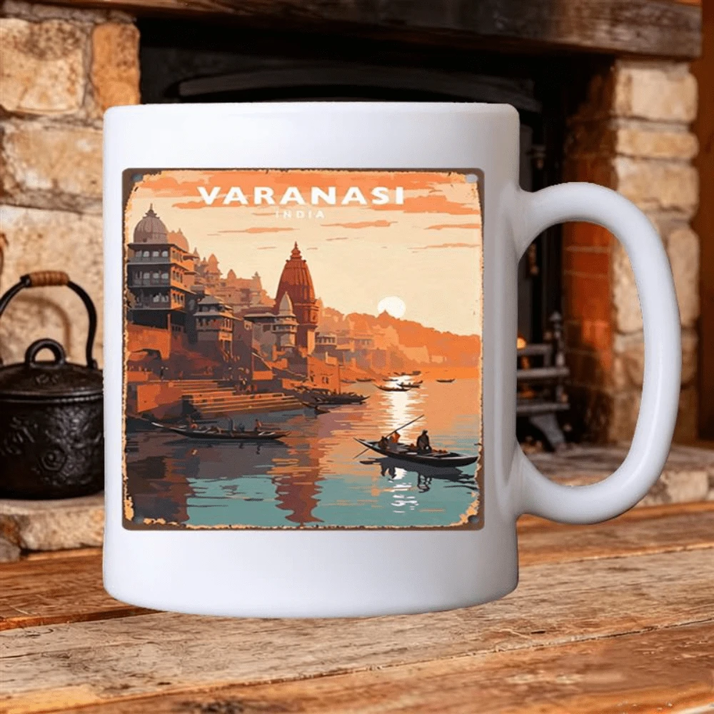 Taza de café de cerámica con paisaje de Varanasi India con vista al amanecer y al atardecer. Apta para lavavajillas. Taza de viaje minimalista y estética. Taza de café de cerámica. - Blanco - Ver 1