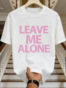 Men's Summer Casual Soft Round Neck Short Sleeve T-Shirt,The Bold Pink LEAVE ME ALONE Block Letter Print Graphic Is Suitable For Daily Wear. - 白色 - 查看 4