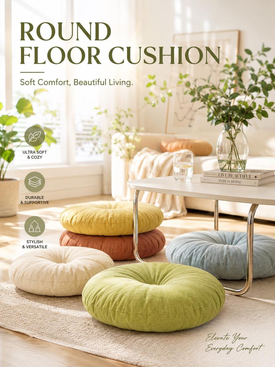 1pc 40cm Large Size Soft Comfortable Cotton Floor Cushion, Non-Slip Durable Round Floor Mat, Japanese Minimalist Style Round Zabuton Cushion, Exquisite Pleated Texture Design With 5cm Thick Padding Support, Essential For Sitting, Resting, Meditation, Yoga, Living Room, Bedroom Home Decor - Multicolor - View 1