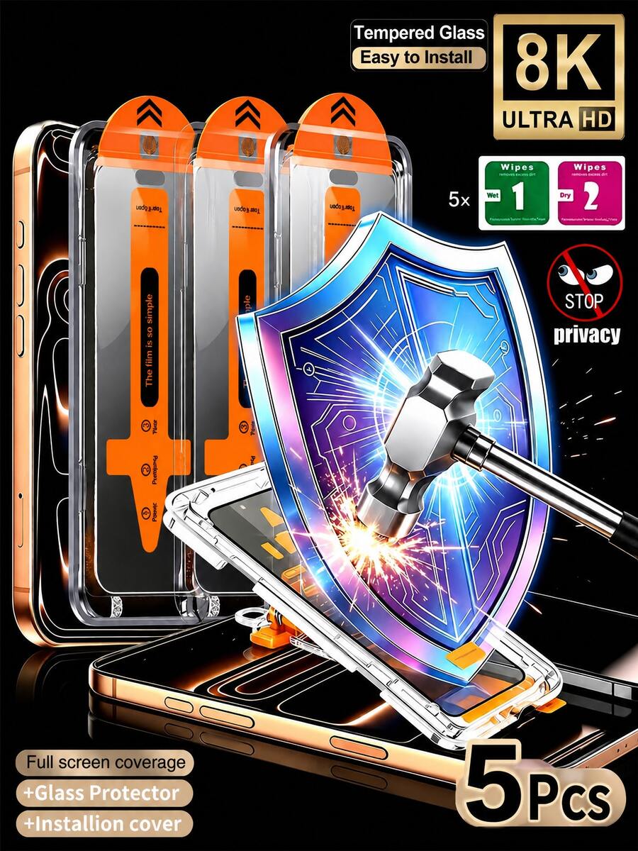 5pcs 9D Full Coverage Tempered Glass Screen Protector, Compatible With IPhone 17 Pro Max, High Definition Transparency, Scratch Resistant, Edge Dustproof, Case Friendly; Compatible With IPhone 17 Pro Max/17 Air/17e/16 Pro Max/16E/15 Pro Max/15 Plus/14 Pro/13/12/11 Pro Max/XS Max/XS/XR/8 Plus/7 Plus, Premium Phone Accessories - White - View 1