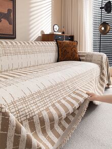 1pc All-Season Khaki/Green/Black & White Vintage Plaid Non-Slip Sofa Cover, Skin-Friendly Breathable Fabric, Anti-Slip Wear-Resistant, Machine Washable Tassel Sofa Blanket, Anti-Scratch Anti-Dust Sofa Slipcover, Living Room Bedroom Sofa Decor, Home Decor Accessories, Suitable For 1/2/3/4 Seater And Sectional Sofas, Fits Various Home Styles, Compatible With Wooden, Mid-Century Modern, Rental Apartments, B&B Soft Furnishings - Khaki - View 7