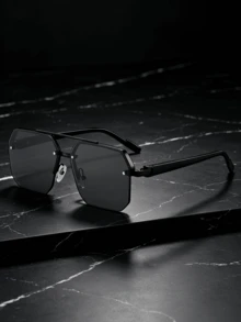 1 Pair Men's Square Double Bridge Aviator Sunglasses, Cool Metallic Texture, Stylish UV Protection, Fashionable Personalized, Suitable For Daily Use, Vacation And Travel - Black and Gray - View 8