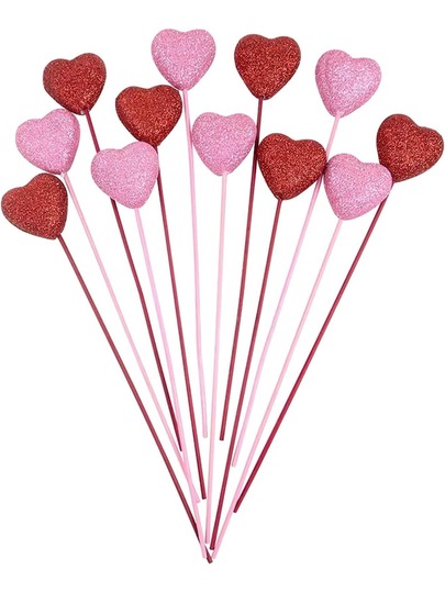 12pcs Valentine's Day Glitter Velvet Foam Heart-Shaped Floral Picks With Long Handles, Easy To Insert, Suitable For Bouquet Decoration, Valentine's Day, Wedding, Birthday, Home Holiday Party Vase Decor, Mother's Day Floral Decoration