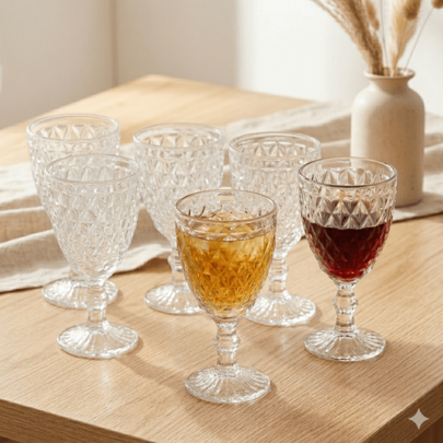 Wine Glasses Set Of 6, 8oz Vintage Stemmed Glass Goblets With Embossed Diamond Design, Elegant Crystal Style Drinking Glasses For Wine, Cocktails, Juice, Wedding, Dinner Party, Home Bar & Holiday Entertaining
