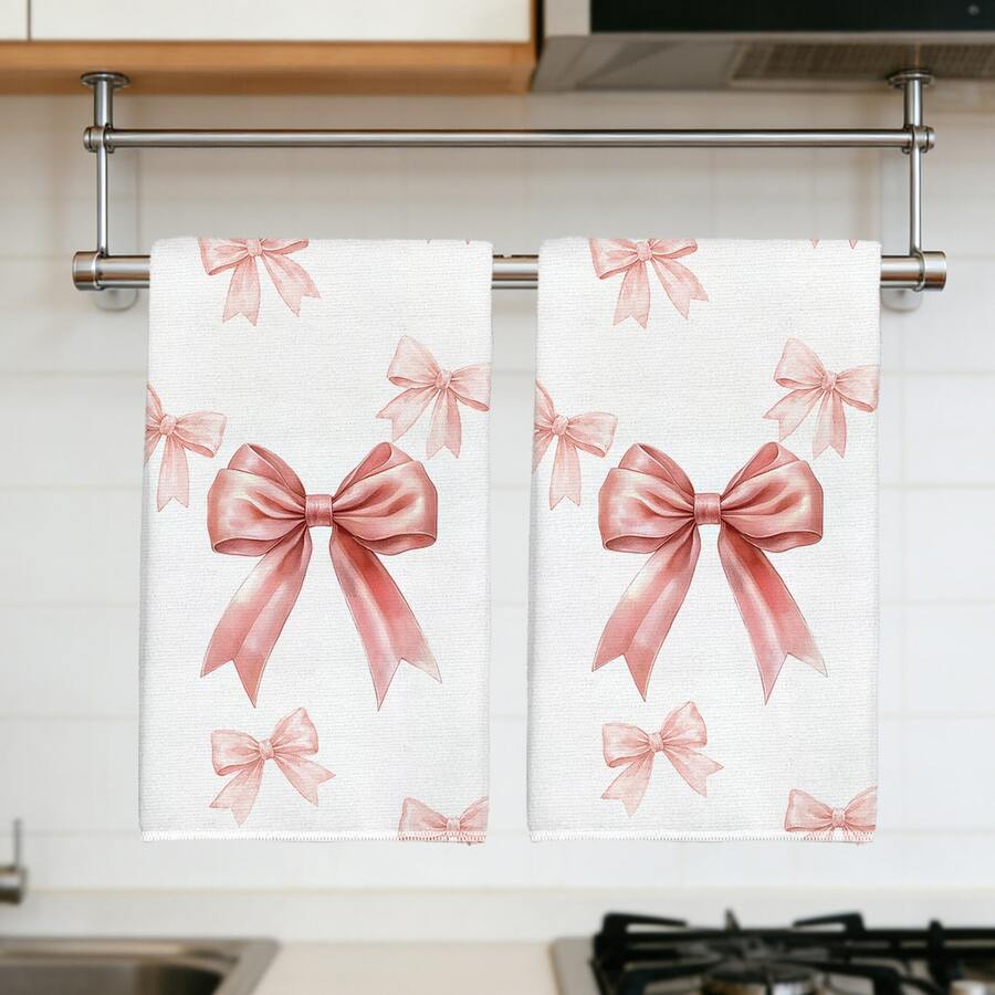 2 buah Handuk Dapur Motif Pita Merah Muda Sederhana untuk Sehari-hari, Kain Lap Piring Poliester Lembut, Cocok untuk Dekorasi Dapur, Pembersihan Dapur, Dekorasi Pesta Liburan, Perlengkapan Dapur & Kamar Mandi, Kebutuhan Rumah Tangga, Dekorasi Rumah, Hadiah Pesta Peresmian Rumah - MultiWarna - View 1
