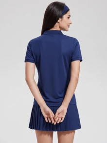 KyrLssu 女款素色短袖休閒健身戶外 Polo 衫，休閒工作短袖領口高爾夫 Polo 衫，戶外 Polo 衫與 T 恤 - 藏蓝色 - 查看 3