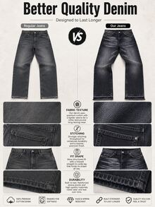 Quần jeans ống rộng nam không co giãn màu đen wash, phong cách streetwear thường ngày, hiệu ứng râu mèo, gấu raw, denim Y2K - màu đen - Xem 7