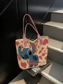 Disney 迪士尼 Lilo & Stitch 印花托特包，大容量帆布肩背包，適合海灘和日常使用，可愛 Lilo & Stitch 卡通托特包，休閒風格 - 黑色 - 查看 10