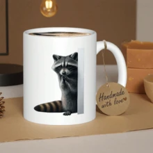 Taza de café de cerámica con diseño de un mapache asomándose. Taza con diseño de mapache curioso. Taza minimalista y estética. Regalo de cumpleaños asequible. Apta para lavavajillas. - Blanco - Ver 1
