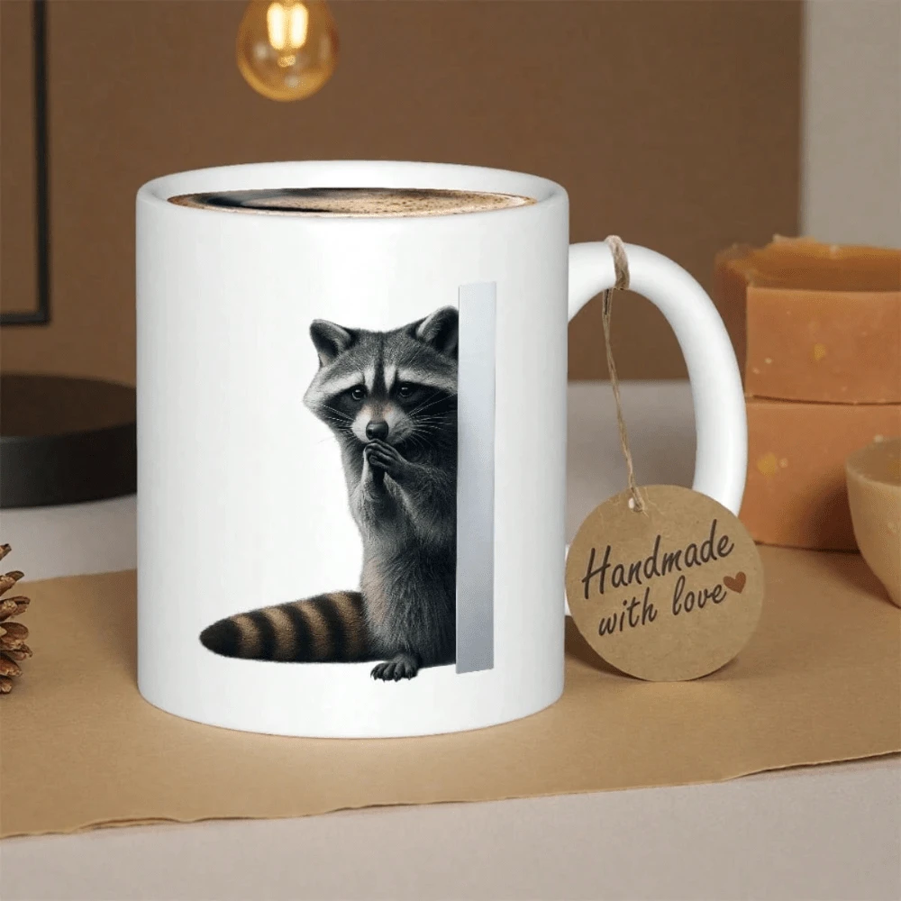 Taza de café de cerámica con diseño de un mapache asomándose. Taza con diseño de mapache curioso. Taza minimalista y estética. Regalo de cumpleaños asequible. Apta para lavavajillas. - Blanco - Ver 1