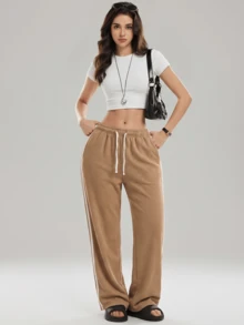 KyrLssu Women's Drawstring Elastic Waist Wide Leg Sweatpants, Side Double Stripes, Loose Casual Pants, Suitable For Daily Streetwear And Light Sports - Khaki - View 3