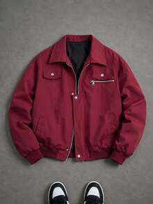 1pc Men's Jacket, Burgundy Metal Zipper Utility Jacket, Crisp Wrinkle-Resistant Fabric, Machine/Dry Cleanable, Comfortable, American Vintage Street Style, Men's Outerwear, Suitable For Daily, Commuting, Outdoor Wear - Red - View 6