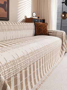 1pc All-Season Khaki/Green/Black & White Vintage Plaid Non-Slip Sofa Cover, Skin-Friendly Breathable Fabric, Anti-Slip Wear-Resistant, Machine Washable Tassel Sofa Blanket, Anti-Scratch Anti-Dust Sofa Slipcover, Living Room Bedroom Sofa Decor, Home Decor Accessories, Suitable For 1/2/3/4 Seater And Sectional Sofas, Fits Various Home Styles, Compatible With Wooden, Mid-Century Modern, Rental Apartments, B&B Soft Furnishings - Khaki - View 1