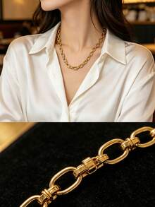 VceTd 1 pièce Collier chaîne en acier inoxydable de style hip-hop à la mode avec design de chaîne entrelacée pour femmes, convient pour le port quotidien, les trajets, les sorties de vacances, les rendez-vous, le thé de l'après-midi, ou comme cadeau de vacances pour les femmes ou les êtres chers - Or jaune - Voir 6