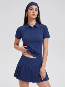 KyrLssu 女款素色短袖休閒健身戶外 Polo 衫，休閒工作短袖領口高爾夫 Polo 衫，戶外 Polo 衫與 T 恤 - 藏蓝色 - 查看 2