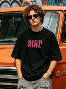 Herren Sommer Lässig Weiches Rundhals Kurzarm-Hemd, Heißes Pink Gestapeltes Dickes RICH GIRL Typografie Muster Grafik Geeignet für den täglichen Gebrauch. - Schwarz - Übersicht 4