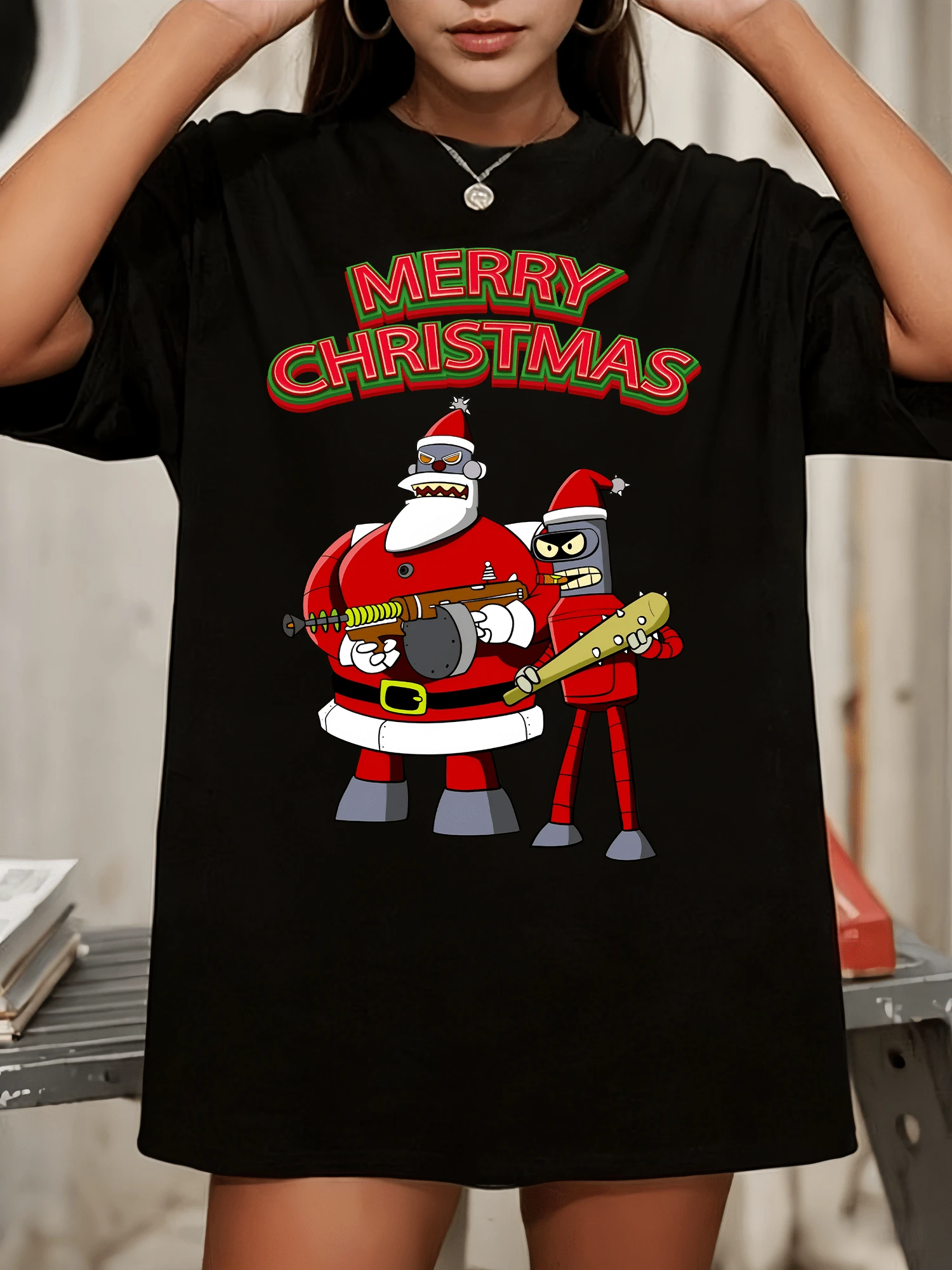 Futurama Bender Christmas Retro Bootleg Collage Graphic T-Shirt, Crew Neck Casual Short Sleeve Top For  Fans - 黑色 - 查看 1