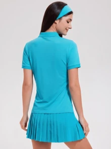 KyrLssu Women's Short Sleeve Polo Collar Sports Top, Button Placket Slim Fit With Cuffed Sleeve Detail For Tennis Golf And Daily Casual Outfit Matching - Blue - View 2