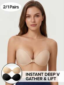2/1 Pair Adhesive Bra, Reusable, Great Push-Up Effect, Invisible Backless Design, Suitable For All Seasons - Multicolor - View 1