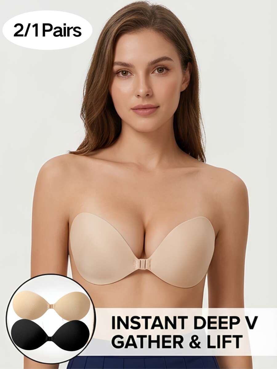 2/1 Pair Adhesive Bra, Reusable, Great Push-Up Effect, Invisible Backless Design, Suitable For All Seasons - Multicolor - View 1