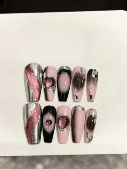 10pcs Handmade Pressed Long Coffin Nail Art,Beautiful Fake Nails,"Rose Galaxy" Y2K Black Pink Color Matching Shiny Pink Cat's Eye Sweet And Cool Spice Girl Hand-Worn Nails, Suitable For Women.