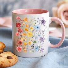[Se envía en 24 horas desde México]Taza de café de cerámica con estampado floral y asa rosa - Diseño floral vibrante, aislante y reutilizable, perfecta para el té matutino o las pausas de café, regalo ideal para amantes de las flores, accesorios para cafeterías. - Imagen 1 pieza - Ver 2