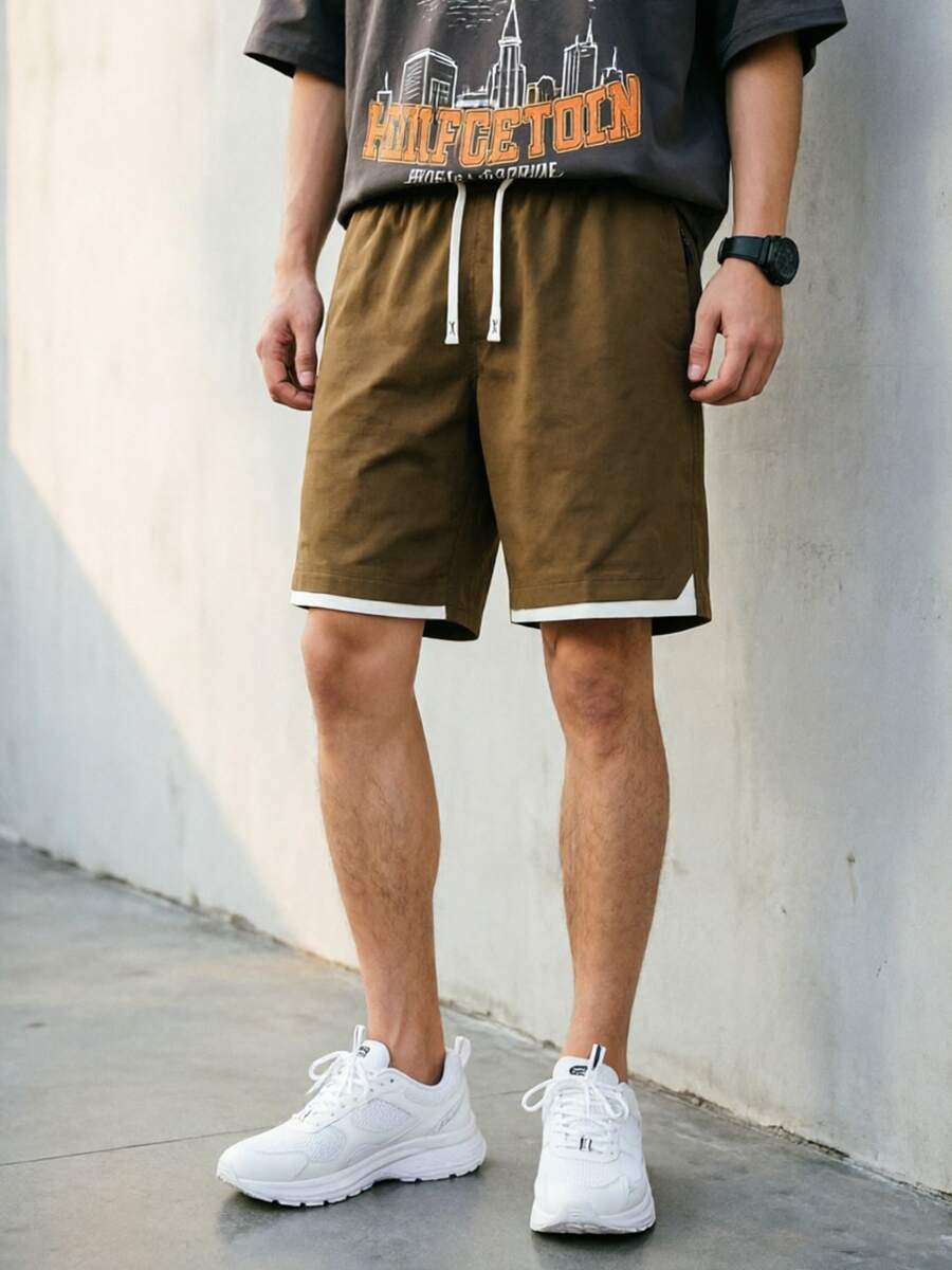 Pantalones cortos con bolsillo con cremallera, cintura con cordón y diseño de parches de colores contrastantes para hombres. Uso casual diario, moda callejera, ocio, uso al aire libre, uso en casa, verano. - Café integral - Ver 1