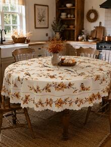 1pc Autumn Bird & Maple Leaf Branch Print Tablecloth, Cream White Vintage Pastoral Style Wavy Edge Dining Tablecloth, Suitable For Kitchen, Dining Room, Family Gathering, Autumn Lunch, Tablecloth For Dining Room, Kitchen Essentials - Multicolor - View 11