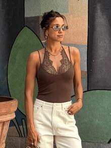 Women's Summer One-Piece Bodysuit, Deep V-Neck, Novel And Sexy, Lace Patchwork Elements - Khaki - View 7
