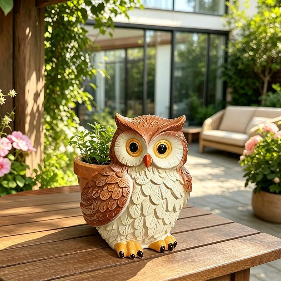 Rustic Textured Owl Statue Planter, Vintage Resin Flower Container For Indoor Desk Balcony Green Plant Decor, Unique Housewarming Gift - A3881 Owl - View 1
