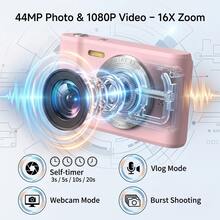 FUNNY PANDA Pink Digital Camera, 44MP 1080P Vlogging Camera With 16X Zoom, 2.2 Inch Screen, Self Timer, Webcam Mode, Plug And Play, 64GB Card Included, Ultra Lightweight Compact Retro Design - View 5