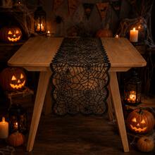 Camino de mesa de Halloween, decoración del hogar de estilo granja y gótico, decoración de mesa para fiesta de Halloween, con borde festoneado y patrón de telaraña de malla transparente, producto de decoración del hogar de temporada para interiores/exteriores - Varios estilos - Ver 3