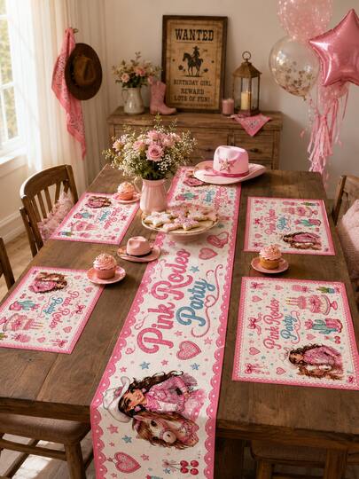 1pc Pink Rodeo Party Cowgirl Linen Table Runner & Placemat Set - Western Horse Cowgirl Print Decor, Hot Pink Country Linen For Home Decor, Room Decor, Garden, Wedding, Birthday & Rodeo Theme