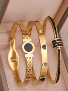 3Pcs/1pc Stackable Gold Bracelet Set | Clover & Heart & LOVE Pattern | Boho Bangle For Party & Daily Outfit - Yellow Gold - View 9