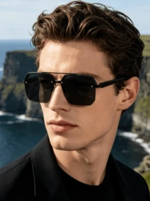 1 Pair Men's Square Double Bridge Aviator Sunglasses, Cool Metallic Texture, Stylish UV Protection, Fashionable Personalized, Suitable For Daily Use, Vacation And Travel - Black and Gray - View 6