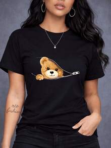 Playera Casual Mujer Estampado Creativo Oso Asomado Cierre Camiseta Manga Corta Cuello Redondo Estilo Kawaii Top Verano Suave - Negro - Ver 6