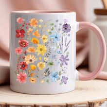 [Se envía en 24 horas desde México]Taza de café de cerámica con estampado floral y asa rosa - Diseño floral vibrante, aislante y reutilizable, perfecta para el té matutino o las pausas de café, regalo ideal para amantes de las flores, accesorios para cafeterías. - Imagen 1 pieza - Ver 1