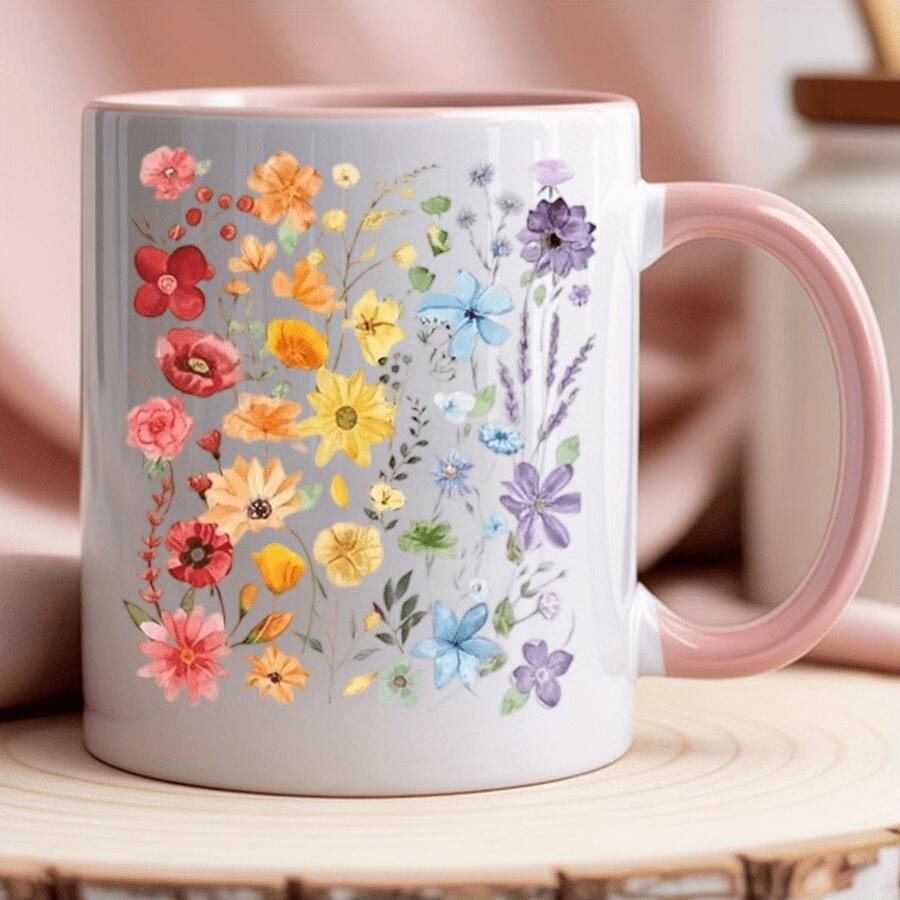 [Se envía en 24 horas desde México]Taza de café de cerámica con estampado floral y asa rosa - Diseño floral vibrante, aislante y reutilizable, perfecta para el té matutino o las pausas de café, regalo ideal para amantes de las flores, accesorios para cafeterías. - Imagen 1 pieza - Ver 1