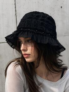 1 pièce Chapeau seau élégant à volants pour femmes, chapeau de soleil en jacquard floral avec bordure de perles, chapeau d'été léger et respirant, convient pour les voyages, la plage et le port quotidien - A - Voir 7