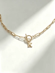 1pc Women's Initial Letter Necklace, Uppercase CZ A-Z Letter, Gold Necklace, Thick OT Clasp Choker, Hip Hop Jewelry - Gold - View 6