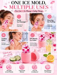 3/1pc Multi-Functional All-Scene Pink Ice Beauty Roller Facial Massage Tool, Premium Reusable Silicone Cold Compress Tool, Suitable For Home Self-Care, Facial And Eye Care, Acne Treatment, Skincare, Facial Gua Sha, Beauty Self-Care Ice Cube Mold - A - View 9