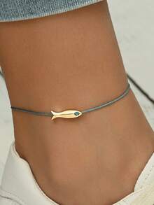 1pc Exquisite Fish Pendant Adjustable Anklet, Suitable For Beach, Party, Daily Wear, Minimalist Style, Women's Fashion Accessory - Baby Blue - View 2