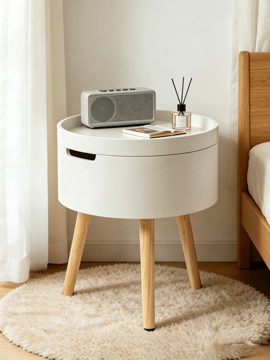 1 pièce Table de chevet rotative ronde, table en bois massif à trois pieds du sol au plafond, petite table basse de rangement à côté du lit de la chambre. - Blanc - Voir 1