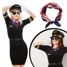 6件組女性空服員與飛行員制服配件套裝，包含飛行員帽、白色手套、肩章、領帶、圍巾，適合角色扮演與派對 - 彩色 - 查看 4