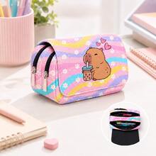 Printed Capybara, Pink Pencil Case, Double-Layer Flap Pencil Case Stationery Box, Can Hold Pencils, Keys, Phones, Coins, Small It, First Day Of School - Multicolor - View 4