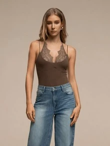 Women's Summer One-Piece Bodysuit, Deep V-Neck, Novel And Sexy, Lace Patchwork Elements - Khaki - View 4