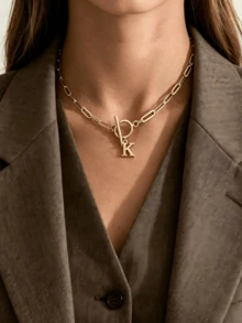 1pc Women's Initial Letter Necklace, Uppercase CZ A-Z Letter, Gold Necklace, Thick OT Clasp Choker, Hip Hop Jewelry - Gold - View 2