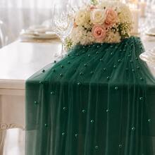 Pearl Tulle Table Runner, Elegant Sheer Mesh Table Decor For Wedding, Party, Bridal Shower & Romantic Dining Setup - Dark Green Pearl Mesh - View 2